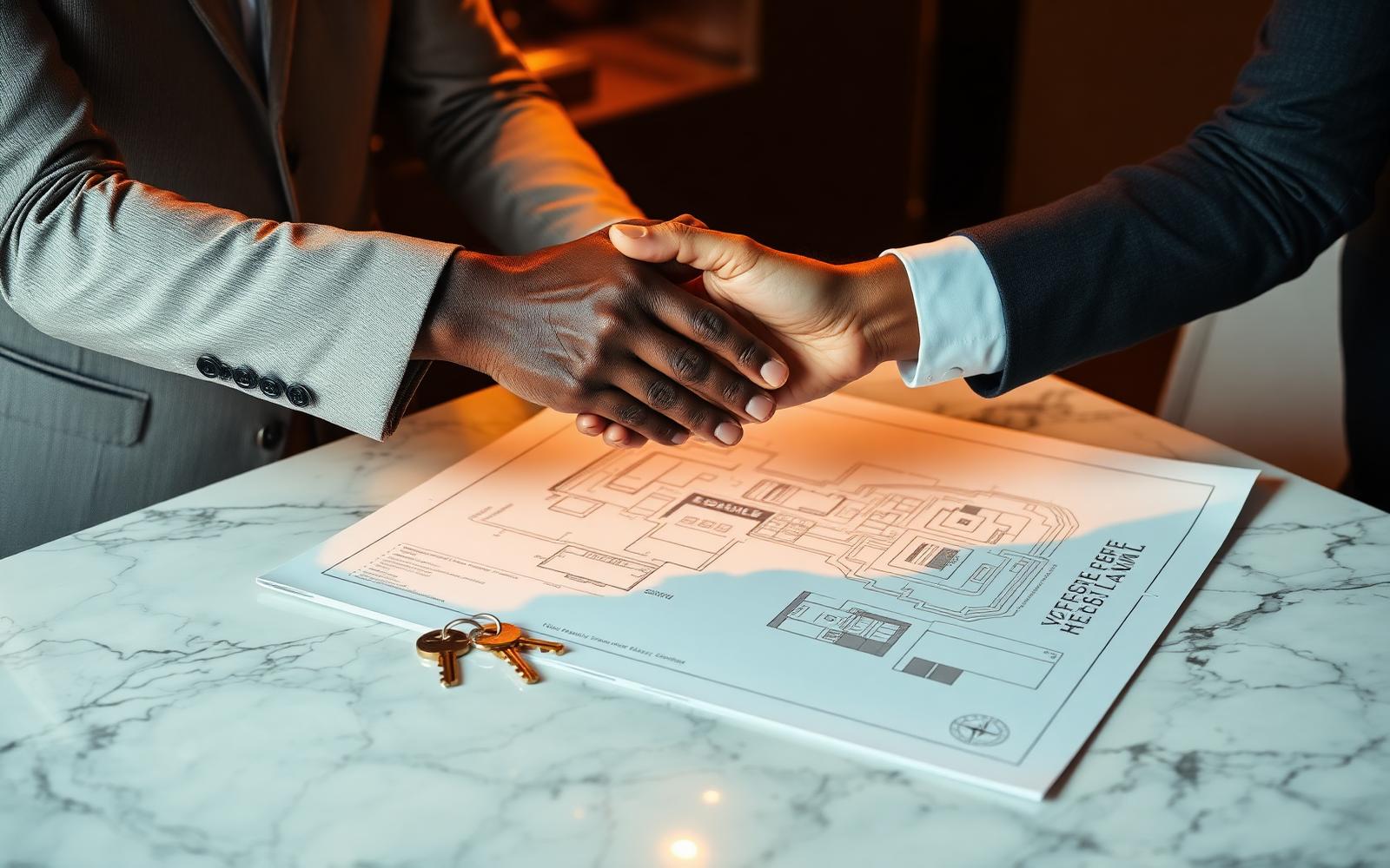 Real estate handover with keys and estate masterplan